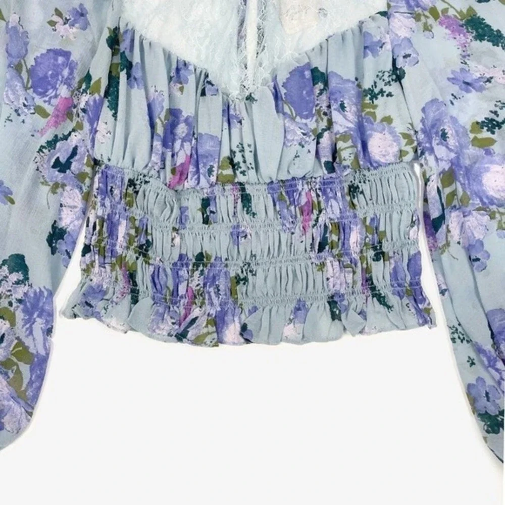 Free People Daphne Blouse Size S Blue Floral Lace Boho Cottage Girlcore Romantic